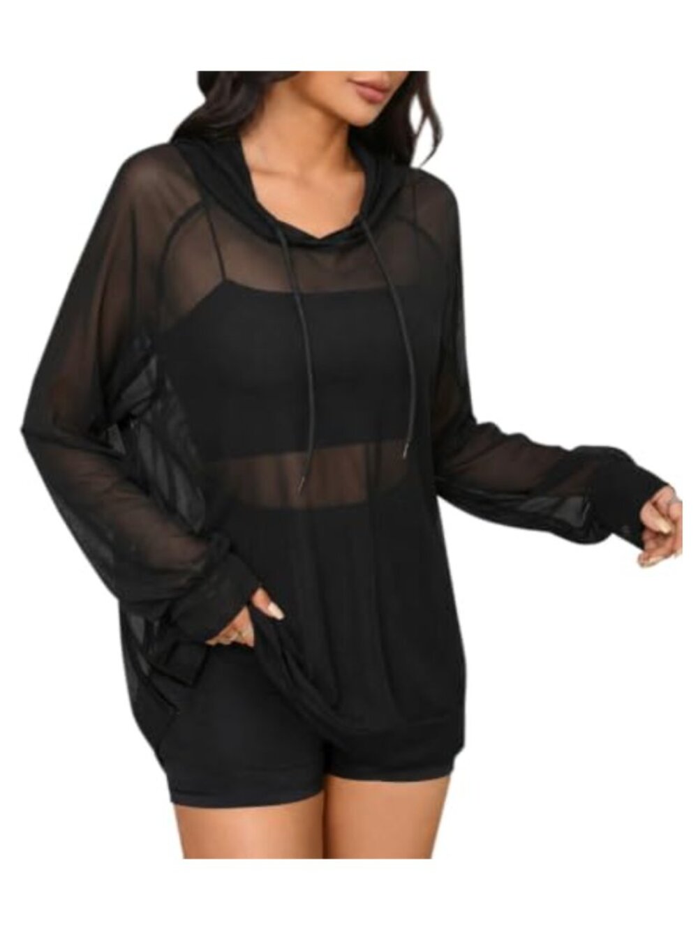 Sheer Mesh Hoodie Long Sleeve See Through Pullover Top Beach Swimsuit Cover Up